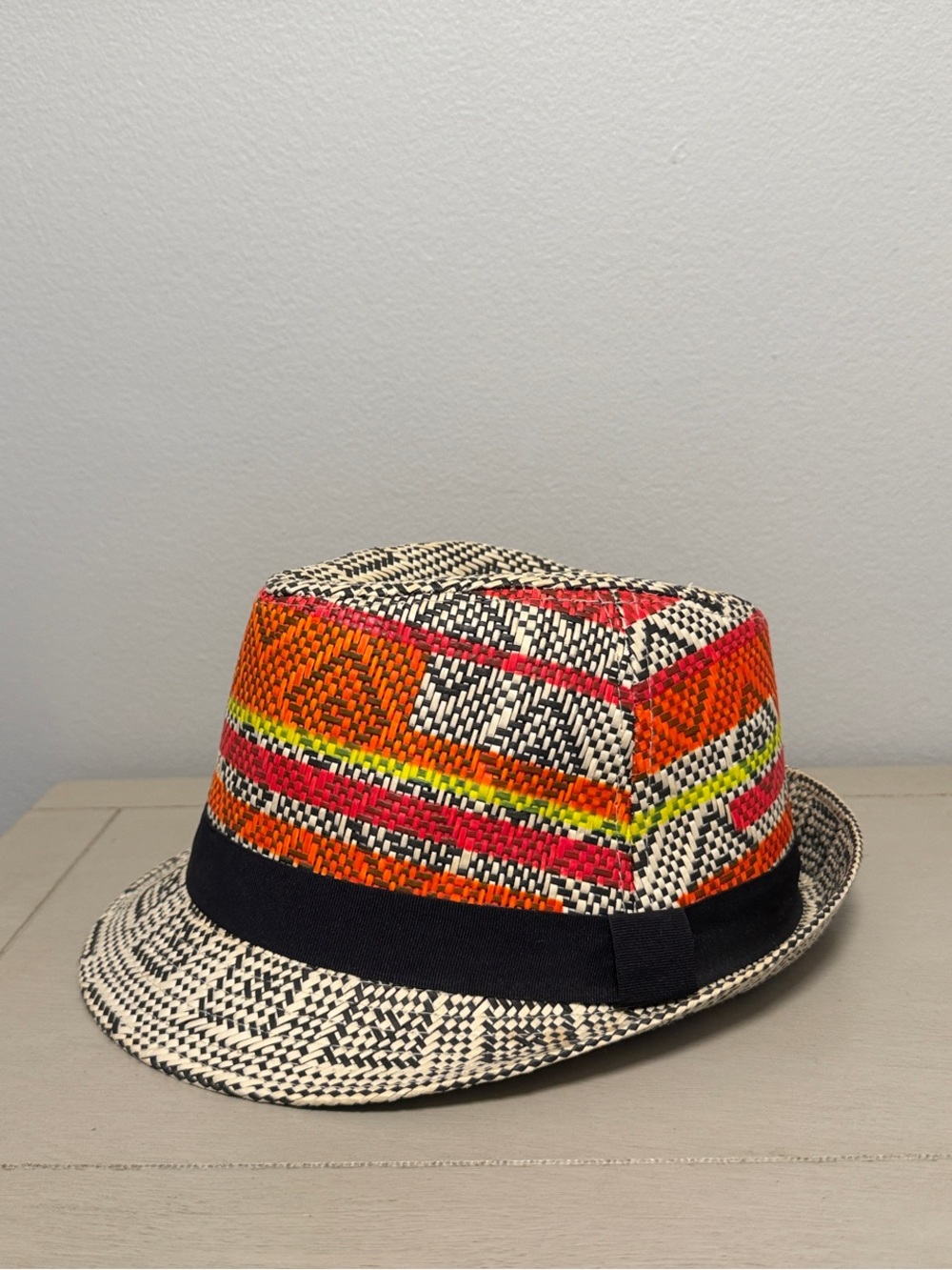 Steve Madden Woven Straw Fedora Hat Geometric Aztec Pattern Multicolor OSFM